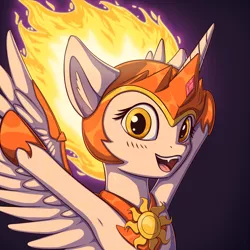 Size: 3000x3000 | Tagged: safe, artist:artbymrsun, derpibooru import, daybreaker, alicorn, pony, a royal problem, armpits, cute, diabreaker, fangs, female, looking at you, mane of fire, open mouth, outstretched arms, solo