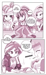 Size: 906x1463 | Tagged: safe, artist:lumineko, derpibooru import, adagio dazzle, aria blaze, sonata dusk, sunset shimmer, comic:homesick, equestria girls, comic, dialogue, doujin, drink, eating, explicit source, eyes closed, female, food, geode of empathy, looking at each other, smiling, taco, that siren sure does love tacos, unamused