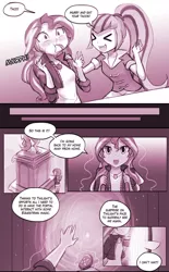 Size: 906x1463 | Tagged: safe, artist:lumineko, derpibooru import, sonata dusk, sunset shimmer, comic:homesick, equestria girls, blushing, comic, dialogue, doujin, explicit source, eyes closed, female, food, implied twilight sparkle, looking at each other, portal, smiling, taco, that girl sure loves tacos, that siren sure does love tacos