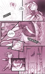 Size: 906x1463 | Tagged: safe, artist:lumineko, derpibooru import, sunset shimmer, pony, unicorn, comic:homesick, equestria girls, blushing, book, castle, clothes, comic, crash, crashing, dialogue, doujin, explicit source, eyes closed, falling, female, gasp, impact, library, looking back, magic, magic trap, mare, open mouth, portal, solo, sound effects, telekinesis, twilight's castle