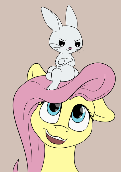 Size: 2233x3174 | Tagged: safe, artist:nudeknightart, derpibooru import, angel bunny, fluttershy, pony, brown background, bust, crossed arms, cute, female, gray background, grin, looking at each other, mare, open mouth, shyabetes, simple background, sitting on head, smiling, smirk