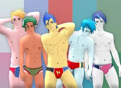 Size: 1600x1163 | Tagged: suggestive, artist:supermaxx92, derpibooru import, big macintosh, flash sentry, shining armor, timber spruce, equestria girls, alumnus shining armor, armpits, gay, looking at you, male, males only, nipples, nudity, speedo