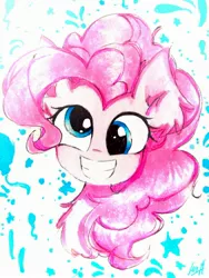 Size: 2117x2821 | Tagged: safe, artist:liaaqila, derpibooru import, pinkie pie, earth pony, pony, abstract background, bust, derp, portrait, silly, silly pony, smiling, solo, traditional art