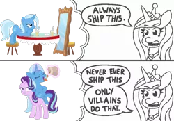 Size: 800x556 | Tagged: safe, artist:jeatz-axl, artist:sazanamibd, artist:threetwotwo32232, derpibooru import, edit, princess cadance, starlight glimmer, trixie, alicorn, unicorn, always ship this, cinnamon nuts, comic, dialogue, eating, exploitable, exploitable meme, female, food, grin, lesbian, meme, mirror, my hero academia, narcissism, parody, ponies riding ponies, princess of shipping, shipping, simple background, smiling, speech bubble, startrix