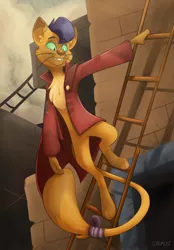Size: 2429x3497 | Tagged: abyssinian, anthro, artist:luximus17, capper dapperpaws, cat, chest fluff, clothes, coat, derpibooru import, digitigrade anthro, ladder, male, my little pony: the movie, safe, smiling, solo