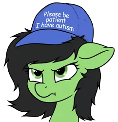 Size: 1634x1689 | Tagged: safe, artist:smoldix, derpibooru import, oc, oc:anonfilly, unofficial characters only, autism, clothes, cute, female, filly, floppy ears, frown, glare, hat, looking up, meme, ocbetes, please be patient i have autism, scrunchy face, simple background, solo, :t, transparent background