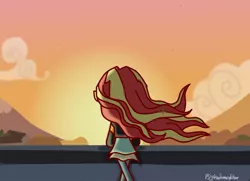 Size: 1378x999 | Tagged: safe, artist:psychodiamondstar, derpibooru import, sunset shimmer, equestria girls, my past is not today, cloud, female, mountain, outdoors, pun, rear view, signature, sky, solo, standing, sunset, visual pun, wind