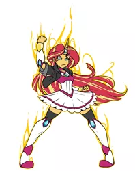 Size: 1085x1367 | Tagged: dead source, safe, artist:reiduran, derpibooru import, sunset shimmer, equestria girls, clothes, dress, fiery shimmer, fire, magical girl, magical sunset-chan, simple background, solo, white background