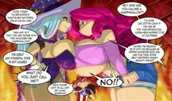Size: 4923x2916 | Tagged: suggestive, artist:shonuff44, derpibooru import, part of a set, pinkie pie, trixie, oc, oc:greatdragonad, human, angry, asymmetrical docking, big breasts, breasts, busty pinkie pie, busty trixie, canon x oc, clothes, cutie mark, dialogue, eyeshadow, fire, glasses, huge breasts, humanized, impossibly large breasts, leotard, looking at each other, magician outfit, makeup, midriff, pantyhose, shorts, speech bubble, symmetrical docking