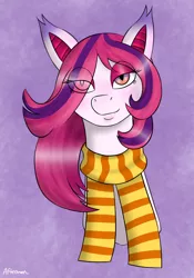 Size: 700x1000 | Tagged: safe, artist:afterman, derpibooru import, oc, oc:arrhythmia, unofficial characters only, bat pony, bedroom eyes, blushing, bust, clothes, eyeshadow, head, makeup, scarf, solo