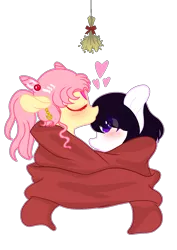 Size: 1088x1540 | Tagged: safe, artist:nikkitatheanimefan, derpibooru import, oc, oc:hanako, oc:rin, unofficial characters only, pony, blushing, clothes, female, kissing, mare, mistletoe, scarf, simple background, transparent background