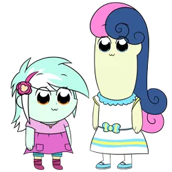 Size: 3491x3507 | Tagged: safe, artist:sykobelle, derpibooru import, bon bon, lyra heartstrings, sweetie drops, equestria girls, :3, adorabon, bkub, boots, clothes, cute, dress, duo, duo female, female, hairband, lyrabetes, mary janes, pipimi, pop team epic, popuko, shoes, shorts, simple background, skirt, socks, style emulation, transparent background
