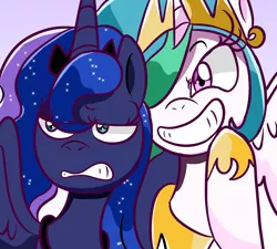 Size: 1280x1152 | Tagged: alicorn, annoyed, artist:kira-vera, crown, derpibooru import, duo, female, grin, hair over one eye, jewelry, mare, princess celestia, princess luna, regalia, safe, smiling, unamused