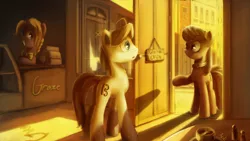Size: 2880x1620 | Tagged: safe, artist:anticular, derpibooru import, octavia melody, oc, oc:salad sandwich, oc:sketchy sounds, earth pony, pony, unicorn, fanfic, fanfic:sketchy salad symphony, cash register, doorway, eye contact, fanfic art, female, looking at each other, male, mare, shop, stallion
