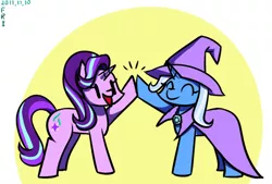 Size: 600x405 | Tagged: safe, artist:tangankittentail, derpibooru import, starlight glimmer, trixie, pony, unicorn, cape, clothes, duo, eyes closed, female, hat, high five, mare, open mouth, smiling, trixie's cape, trixie's hat