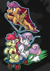 Size: 500x711 | Tagged: safe, artist:kletete, derpibooru import, apple bloom, scootaloo, sweetie belle, earth pony, pegasus, pony, unicorn, assisted flying, cutie mark crusaders, female, filly, kite, mouth hold, scooter, smiling, trio