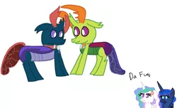 Size: 2540x1544 | Tagged: artist:snoopy7c7, brothers, celestia is not amused, changedling, changedling brothers, changeling, cross-popping veins, da fuq, derpibooru import, female, king thorax, male, pharynx, prince pharynx, princess celestia, princess luna, safe, scrunchy face, sisters, thorax, unamused