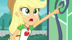 Size: 1280x720 | Tagged: safe, derpibooru import, screencap, applejack, equestria girls, equestria girls series, my little shop of horrors, geode of super strength, solo