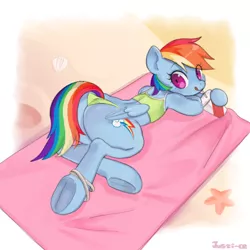 Size: 848x848 | Tagged: suggestive, artist:jus+ice, derpibooru import, rainbow dash, pegasus, semi-anthro, adorasexy, ass, beach, bikini, clothes, cute, dashabetes, female, food, looking at you, mare, plot, raised hoof, sexy, smiling, solo, solo female, stupid sexy rainbow dash, swimsuit, tongue out, underhoof