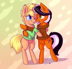 Size: 2322x2208 | Tagged: safe, artist:dsp2003, derpibooru import, oc, oc:box cutter, oc:jai heart, unofficial characters only, earth pony, pony, unicorn, blushing, clothes, cute, hoodie, hug, male, tongue out