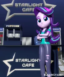 Size: 903x1080 | Tagged: safe, artist:blackbelt2297, derpibooru import, starlight glimmer, equestria girls, spoiler:eqg specials, 3d, beanie, cafe, clothes, crossed arms, gmod, hat, looking at you, torn clothes