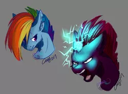 Size: 3295x2421 | Tagged: safe, artist:mysteryart716, derpibooru import, rainbow dash, tempest shadow, unicorn, my little pony: the movie, alternate timeline, angry, apocalypse dash, broken horn, bust, crystal war timeline, eye scar, female, glowing eyes, hair over one eye, horn, mare, open mouth, scar, simple background, sparking horn