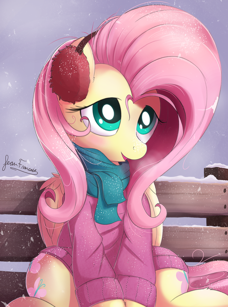 Size: 1725x2325 | Tagged: safe, artist:bugplayer, derpibooru import, fluttershy, pegasus, pony, bench, clothes, cute, daaaaaaaaaaaw, earmuffs, female, folded wings, hnnng, mare, scarf, shyabetes, sitting, snow, solo, sweater, sweatershy, wings, winter clothes, wintershy