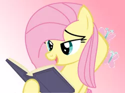 Size: 1056x787 | Tagged: safe, artist:lauraselenaantonia, derpibooru import, fluttershy, pony, arm behind head, base used, book, cutie mark background, needs more jpeg, solo