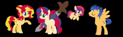 Size: 1745x529 | Tagged: safe, artist:blueberrymuffin02, derpibooru import, flash sentry, sunset shimmer, oc, family, female, flashimmer, male, offspring, parent:flash sentry, parent:sunset shimmer, parents:flashimmer, shipping, straight