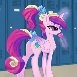 Size: 3100x3100 | Tagged: safe, artist:kp-shadowsquirrel, artist:oil, derpibooru import, princess cadance, alicorn, pony, bow, candy, female, food, high res, lollipop, lovebutt, mare, plot, solo, tail bow, teen princess cadance, tongue out, younger