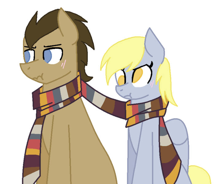 Size: 850x728 | Tagged: artist:sonicstorm2020, clothes, derpibooru import, derpy hooves, doctorderpy, doctor whooves, female, male, safe, shared clothing, shared scarf, shipping, straight, time turner