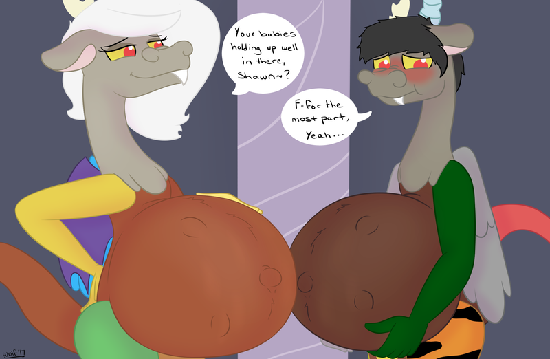 Size: 2300x1500 | Tagged: artist:theimmortalwolf, derpibooru import, discord, draconequus, eris, huge eris, male, male pregnancy, oc, oc:shawn, pregnant, questionable, rule 63