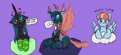 Size: 1280x591 | Tagged: suggestive, artist:caroo, artist:icey-wicey-1517, color edit, derpibooru import, edit, pharynx, queen chrysalis, windy whistles, anthro, changedling, changeling, pegasus, pony, anthro with ponies, beanbag chair, bedroom eyes, blushing, clothes, cloud, collar, colored, cute, cute little fangs, cutealis, fangs, female, fetish, frog (hoof), heart, hoof fetish, hoofbutt, leash, looking at you, male, mare, open mouth, pet play, pharybetes, prince pharynx, purple background, simple background, socks, stallion, striped socks, underhoof, waifu, windybetes