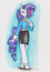 Size: 1490x2113 | Tagged: anthro, artist:dp360, clothes, derpibooru import, glasses, human facial structure, rarity, redesign, safe, skirt, solo, traditional art