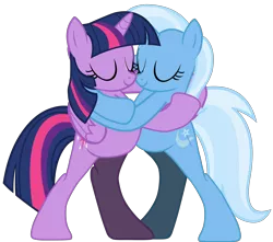 Size: 5404x4775 | Tagged: safe, artist:ramseybrony17, derpibooru import, trixie, twilight sparkle, twilight sparkle (alicorn), alicorn, pony, absurd resolution, bipedal, eyes closed, female, friendshipping, hug, implied lesbian, implied shipping, implied twixie, lesbian, shipping, simple background, smiling, transparent background, twixie, vector