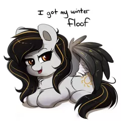 Size: 770x765 | Tagged: safe, artist:confetticakez, derpibooru import, oc, oc:raven sun, unofficial characters only, pegasus, pony, cute, dialogue, female, fluffy, lying down, mare, ocbetes, prone, simple background, smiling, solo, white background, winter fluff