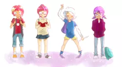 Size: 2785x1537 | Tagged: artist:noahther, backpack, beanie, book, clothes, converse, counterparts, cute, dancerbetes, denim, derpibooru import, diatrixes, glasses, glimmerbetes, hat, hoodie, human, humanized, jacket, jeans, kid, moondancer, pants, pigtails, ponytail, safe, school, shimmerbetes, shoes, shorts, skirt, socks, starlight glimmer, sunset shimmer, trixie, twilight's counterparts