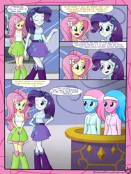 Size: 3024x4032 | Tagged: safe, artist:horsecat, derpibooru import, aloe, fluttershy, lotus blossom, rarity, comic:a very normal day at the spa, equestria girls, boots, breasts, clothes, comic, definitely not shipping, equestria girls-ified, hairband, implied flarity, implied lesbian, implied shipping, shoes, skirt, socks, spa, spa twins, tanktop