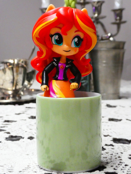 Size: 3672x4896 | Tagged: safe, artist:artofmagicpoland, derpibooru import, sunset shimmer, equestria girls, cup, cute, doll, equestria girls minis, my little pony, shimmerbetes, solo, teacup, toy