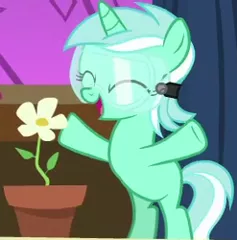 Size: 247x250 | Tagged: safe, derpibooru import, screencap, lyra heartstrings, pony, unicorn, celestial advice, bipedal, cropped, cute, eyes closed, female, filly, filly lyra, flower, goggles, happy, lyrabetes, safety goggles, smiling, solo