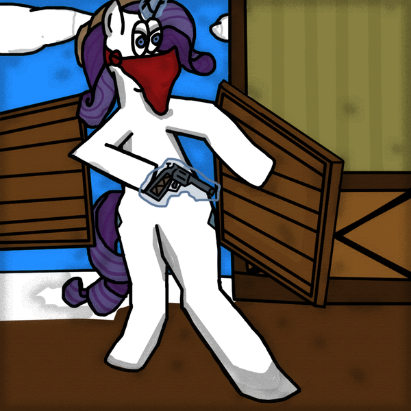 Size: 1000x1000 | Tagged: artist:masterkaiser, bandana, bandit, derpibooru import, door, effects, female, gun, gunslinger, handgun, mare, old, rarity, revolver, robbery, safe, saloon, saloon door, weapon, western