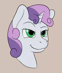 Size: 1881x2207 | Tagged: safe, artist:nudeknightart, derpibooru import, sweetie belle, pony, unicorn, brown background, bust, cocked eyebrow, female, filly, mare, simple background, smiling, smirk, smug, solo