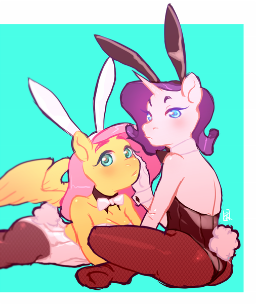 Size: 1250x1482 | Tagged: suggestive, artist:voyager, derpibooru import, fluttershy, rarity, anthro, pegasus, unguligrade anthro, unicorn, bowtie, breasts, bunny ears, bunny suit, clothes, cufflinks, cuffs (clothes), female, fishnets, flarity, leotard, lesbian, looking at you, mare, pantyhose, playboy bunny, shipping