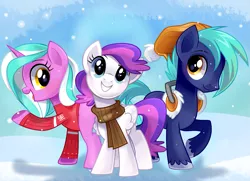 Size: 2175x1575 | Tagged: safe, artist:wicklesmack, derpibooru import, oc, oc:blank canvas, oc:hoof beatz, oc:mane event, unofficial characters only, earth pony, pegasus, pony, unicorn, clothes, earmuffs, female, hoofevent, male, mare, scarf, smiling, stallion, sweater, trio