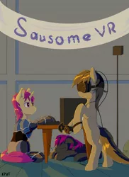 Size: 1080x1485 | Tagged: safe, artist:kpvt, derpibooru import, oc, oc:darkaito, oc:midnight moon, unofficial characters only, unicorn, vampony, broken horn, computer, generic pony, htc vive, midnaito, sausomecon, sleeping, virtual reality