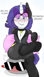 Size: 1169x2041 | Tagged: artist:blackbewhite2k7, ask, bait and switch, catmare, catsuit, catwoman, collar, crossed legs, crossover, derpibooru import, oc, oc:anon, pillow, rarity, sitting, suggestive, tumblr, unzipped