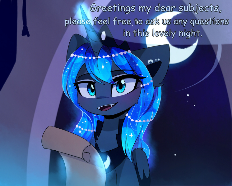 Size: 1580x1271 | Tagged: safe, artist:magnaluna, derpibooru import, princess luna, alicorn, pony, blushing, cheek fluff, chest fluff, crown, cute, cute little fangs, dialogue, fangs, female, fluffy, jewelry, levitation, looking at you, luna-darkesthours, lunabetes, magic, mare, moon, night, open mouth, regalia, scroll, smiling, solo, telekinesis, wing fluff