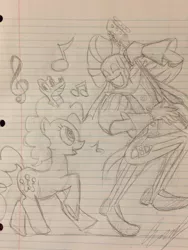 Size: 2448x3264 | Tagged: artist:autismo555, artist:autismo555-2, derpibooru import, gummy, human oc, jester, lined paper, mandolin, mask, monochrome, musical instrument, music notes, oc, pencil, pencil drawing, pinkie pie, safe, sketch, traditional art