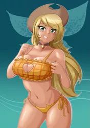 Size: 635x900 | Tagged: applejack, apple lingerie, artist:thebrokencog, bell, bell collar, belly button, big breasts, bikini, breasts, busty applejack, choker, cleavage, cleavage window, clothes, collar, cowboy hat, cute, derpibooru import, female, hat, human, humanized, jackabetes, lingerie, panties, sexy, smiling, solo, solo female, stetson, suggestive, swimsuit, underwear