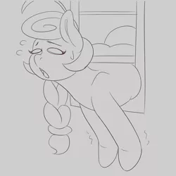 Size: 1280x1280 | Tagged: safe, artist:askamberfawn, derpibooru import, oc, oc:vanilla mochi, unofficial characters only, earth pony, pony, fat, female, mare, monochrome, sketch, solo, stuck, the ass was fat, window